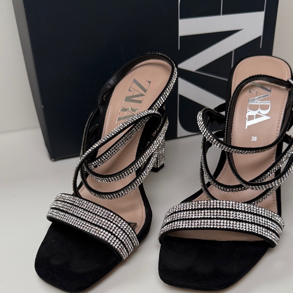 Zara Strappy Black Heels with Silver Detailing